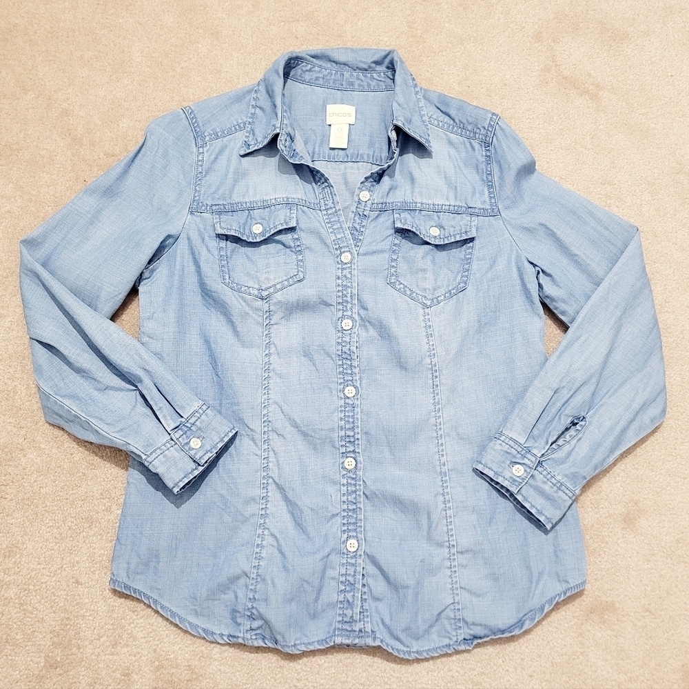 Chico’s Woman's Chambray Button Front Shirt Size Small Light Wash Denim Top - Picture 14 of 14